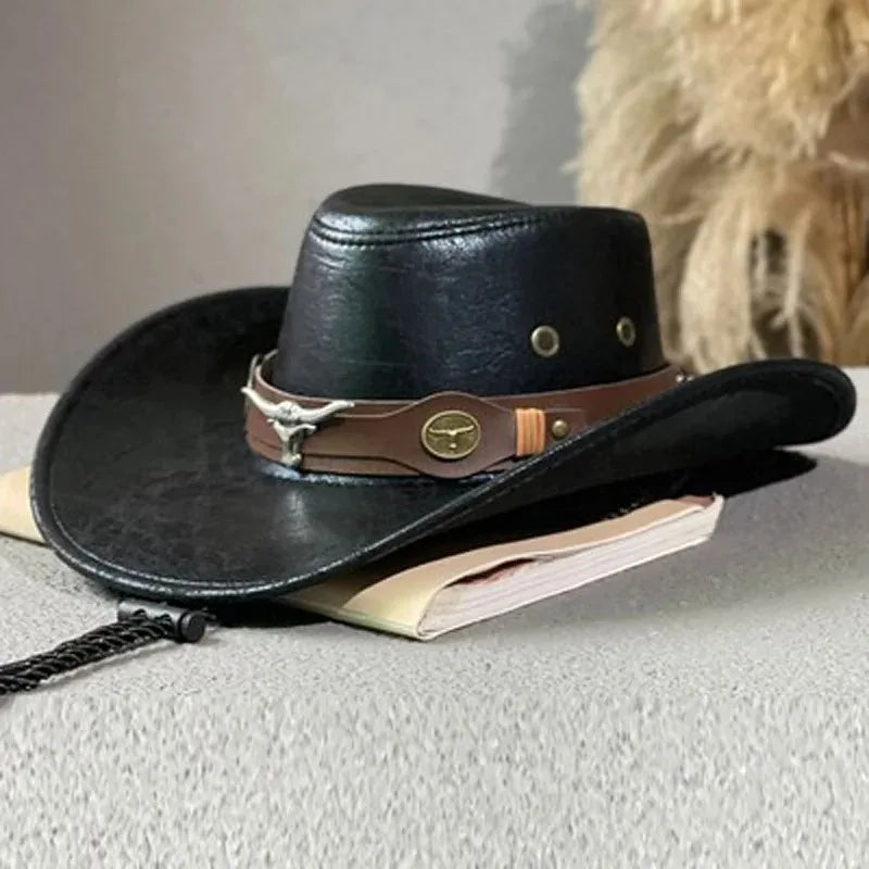 New Fashion Cowboy Hat  | Faux Leather, Cow Head Accent