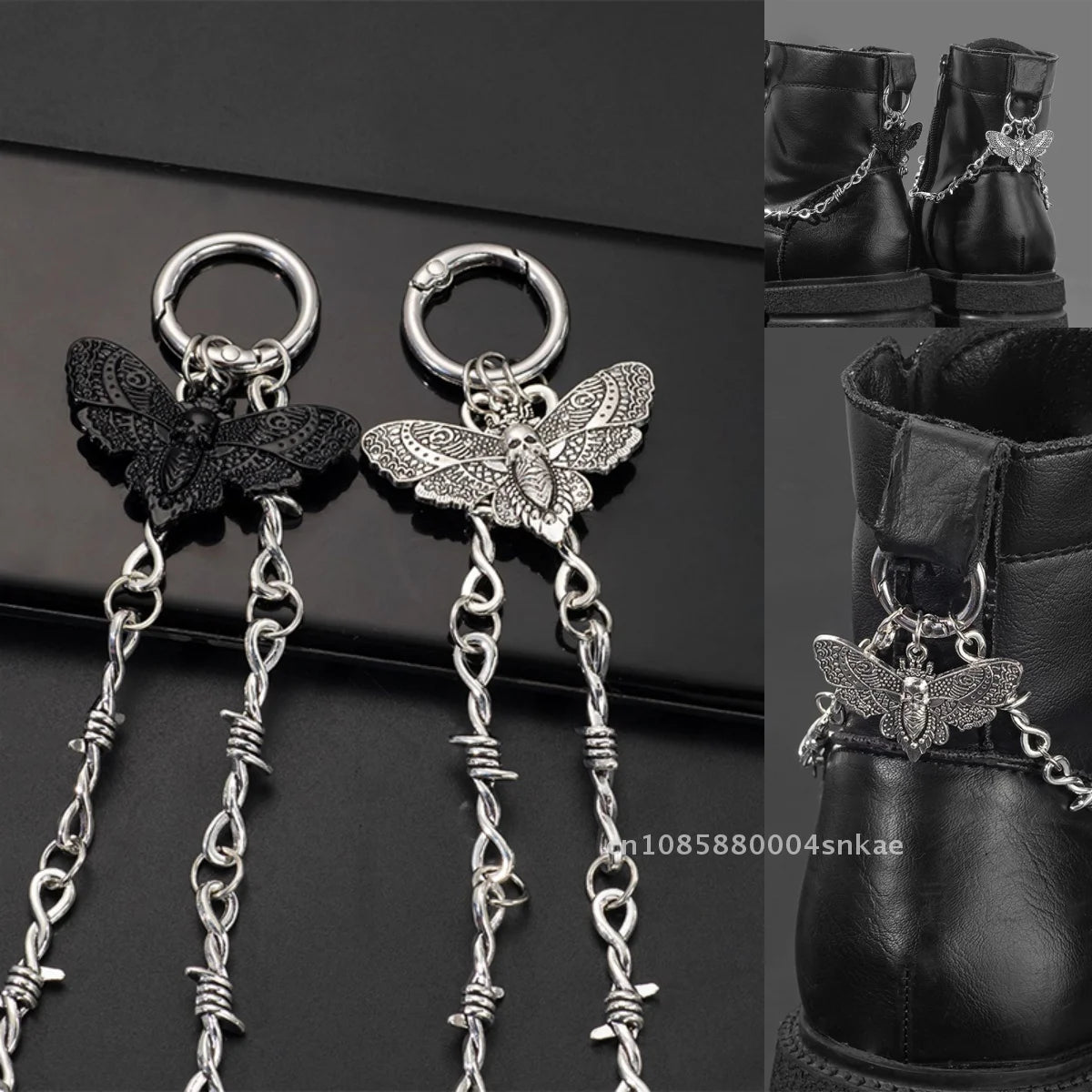 Gothic Skull Moth Metal Shoe Chain for Combat Boots – Punk Goth Street Style Jewelry Accessory