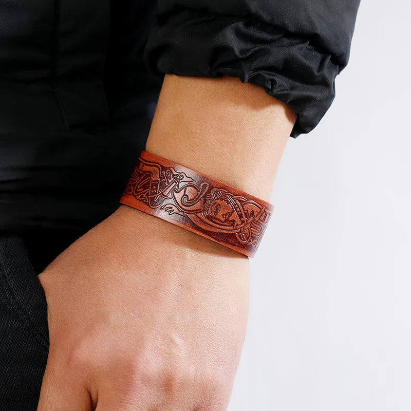 Retro Embossed Totem Cowhide Leather Wristband