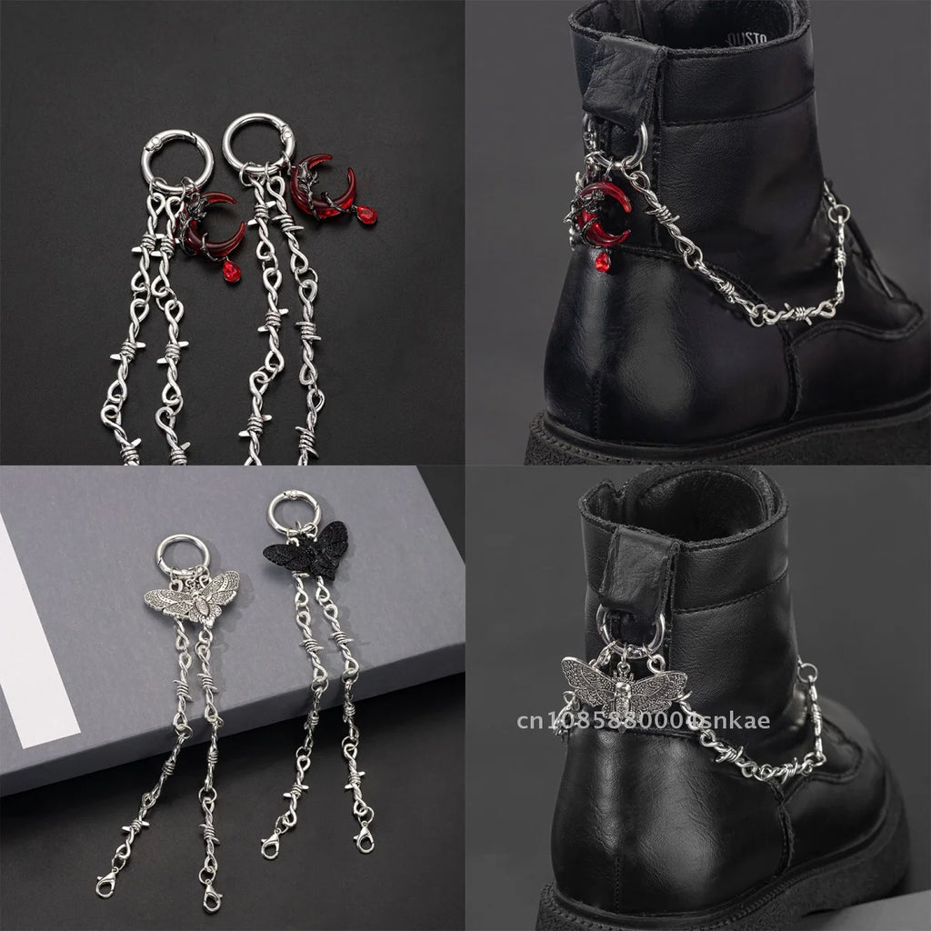 Gothic Skull Moth Metal Shoe Chain for Combat Boots – Punk Goth Street Style Jewelry Accessory