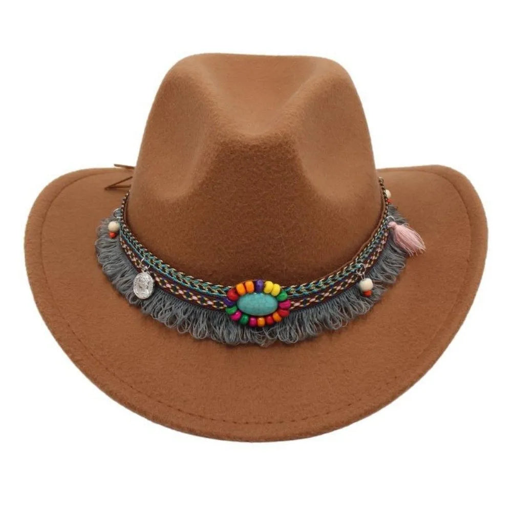 Ethnic Style Western Cowboy Hat – Tibetan-Inspired Tassels & Colorful Rope, Wide Roll Brim Hat UNISEXSEX  Cap