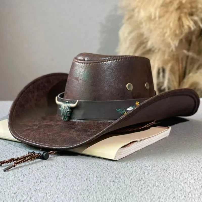 New Fashion Cowboy Hat  | Faux Leather, Cow Head Accent