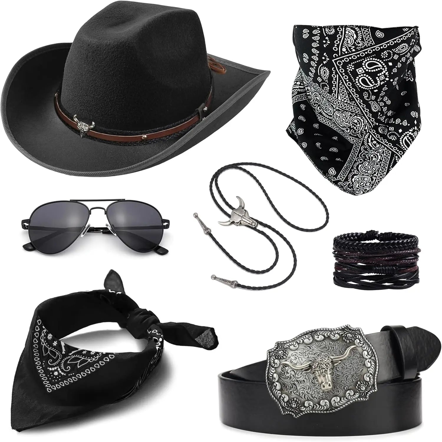 Complete Cowboy Costume Set 🤠 | Hat, Bolo Tie, Belt & Accessories for Men & Women
