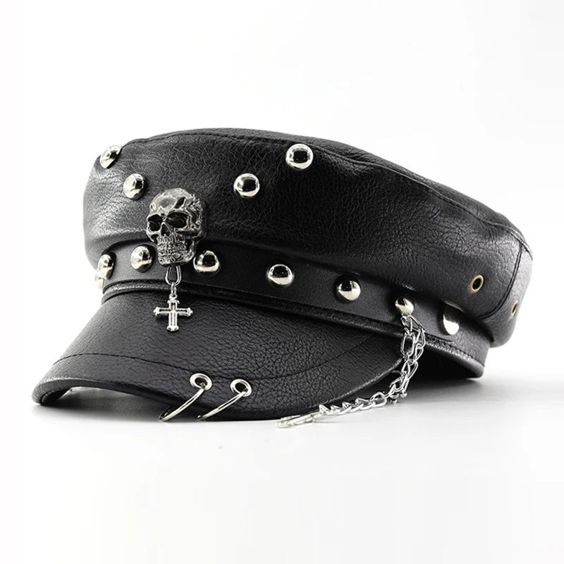 PU Leather Women Beret Punk Style Vintage Flat Top Military Cap Outdoor Casual Army Hat