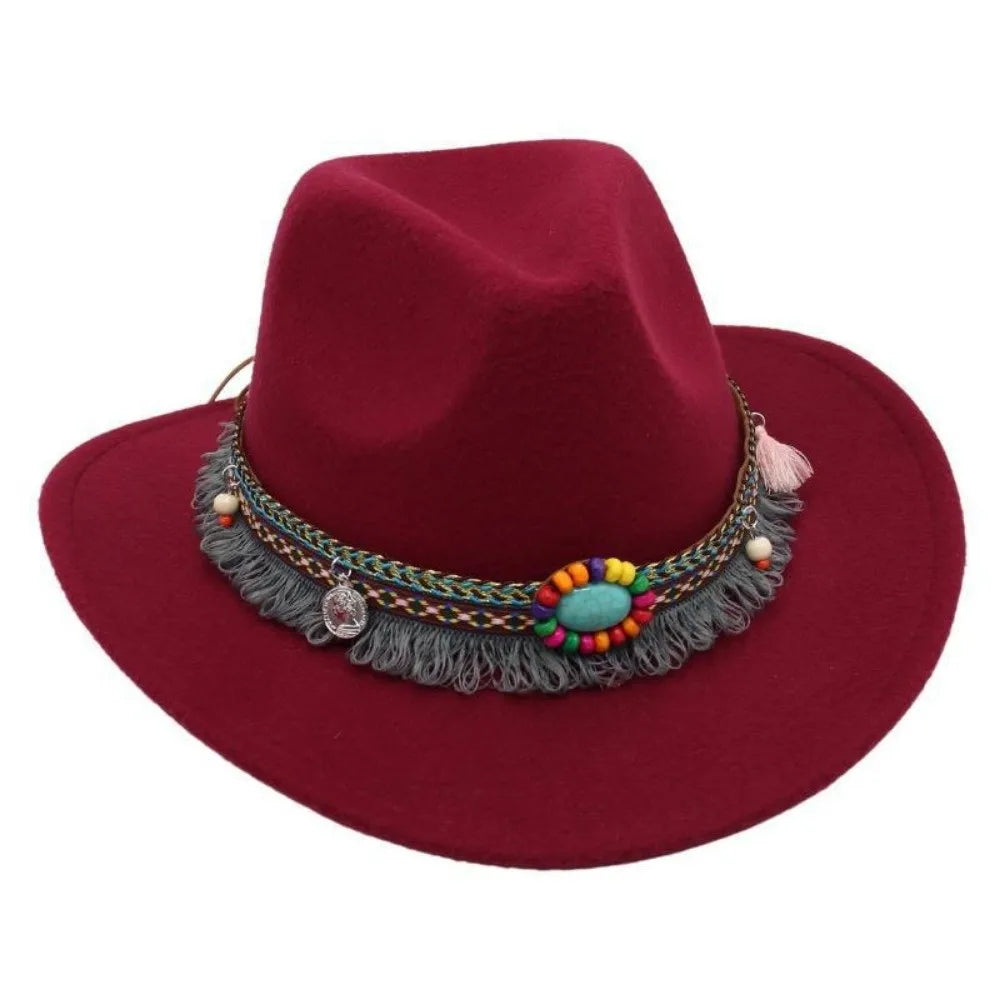 Ethnic Style Western Cowboy Hat – Tibetan-Inspired Tassels & Colorful Rope, Wide Roll Brim Hat UNISEXSEX  Cap