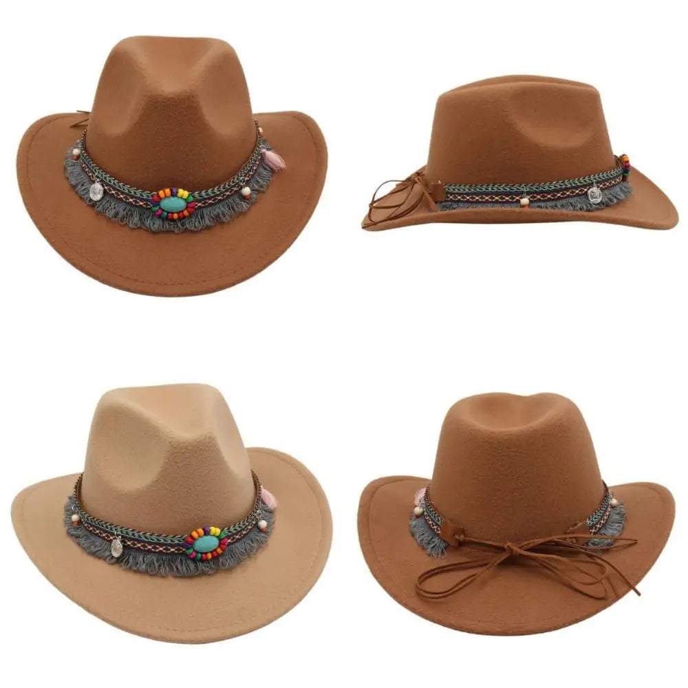 Ethnic Style Western Cowboy Hat – Tibetan-Inspired Tassels & Colorful Rope, Wide Roll Brim Hat UNISEXSEX  Cap