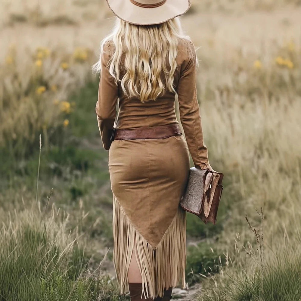 Tassel Midi Dress – Vintage Solid Color Lapel Zipper High Waist Retro Casual Dress