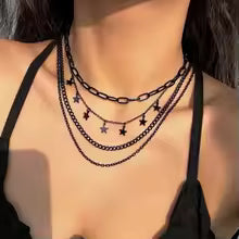 4 Piece Goth Black Star Tassel Choker Set For Layered Look Emo Aesthetic Necklaces