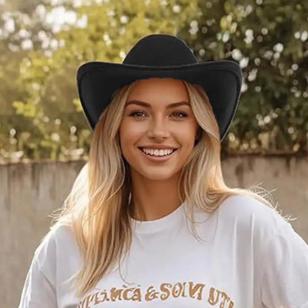 Women’s Western Cowboy Hat – Studded Pinched Cowgirl Fedora with Wide Brim and Belt Buckle