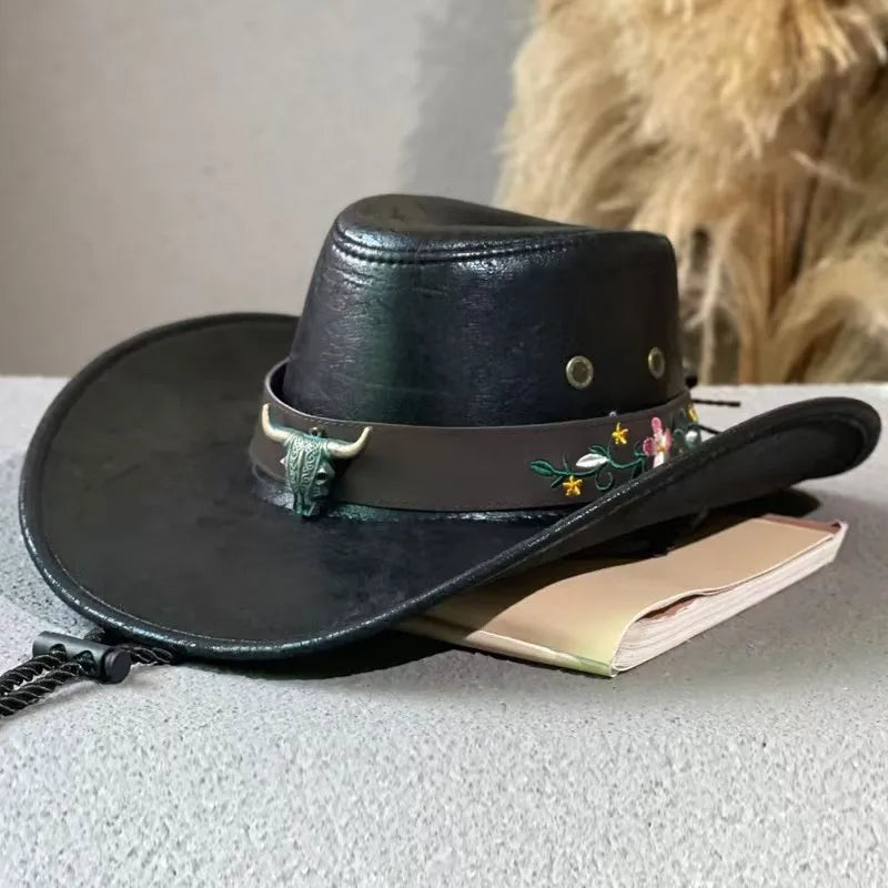 New Fashion Cowboy Hat  | Faux Leather, Cow Head Accent
