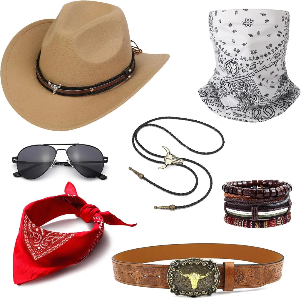 Complete Cowboy Costume Set 🤠 | Hat, Bolo Tie, Belt & Accessories for Men & Women