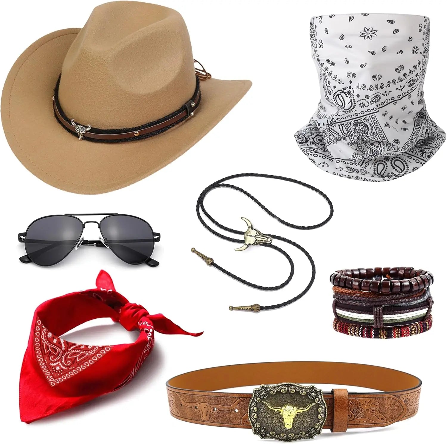 Complete Cowboy Costume Set 🤠 | Hat, Bolo Tie, Belt & Accessories for Men & Women