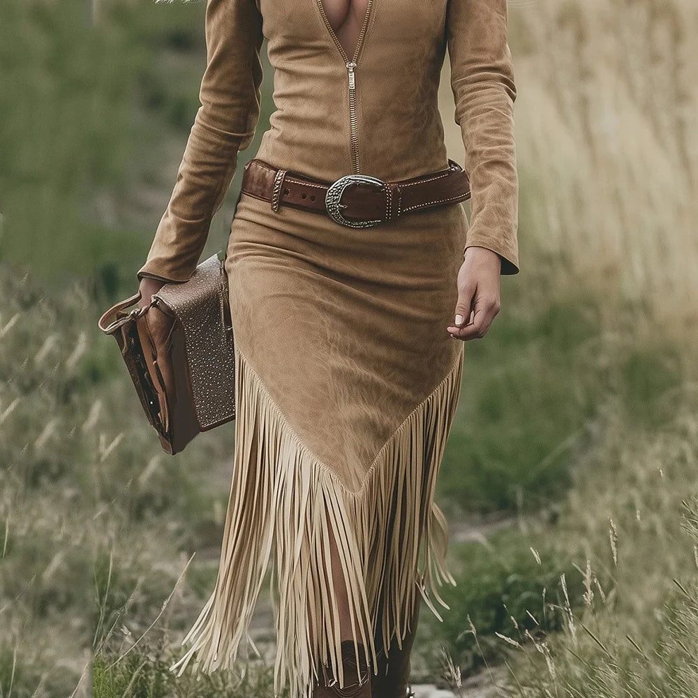 Tassel Midi Dress – Vintage Solid Color Lapel Zipper High Waist Retro Casual Dress
