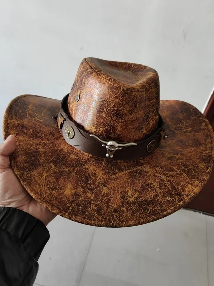 New Fashion Cowboy Hat  | Faux Leather, Cow Head Accent