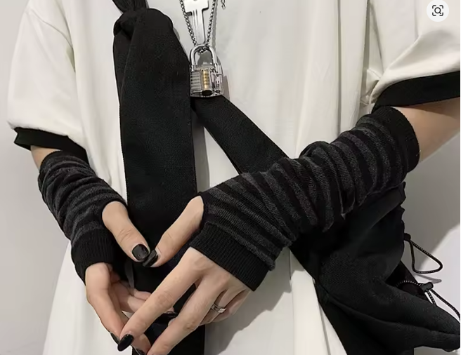 Winter Warm Unisex Fingerless Black Striped Elbow Length Knitted Gloves Soft Stretch Knit Emo Street Style